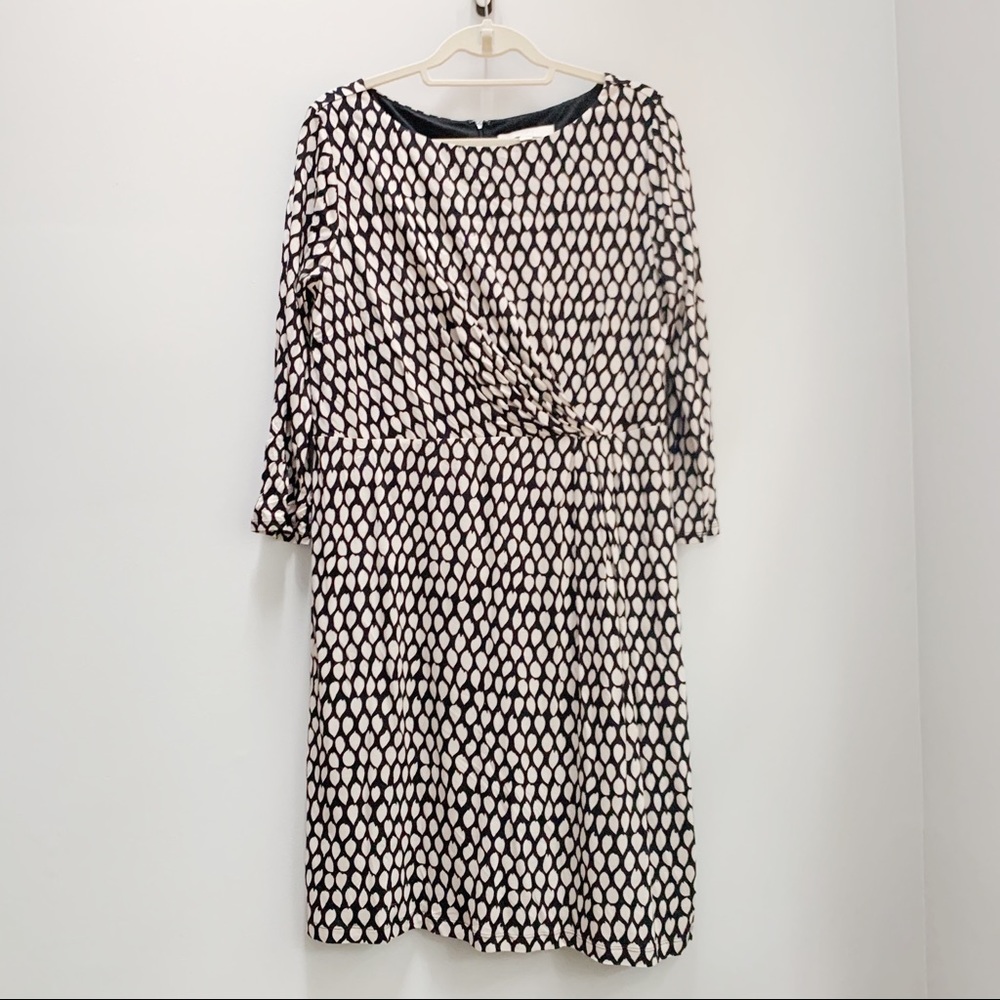 LOFT 3/4 Sleeve Black/Cream Printed Knit Dress L